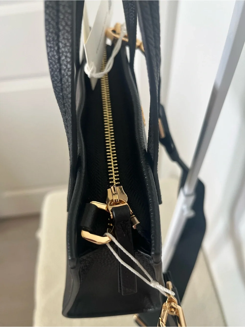 Tory Burch Black Pebbled Leather Mini Satchel with Gold Logo include paper bag
